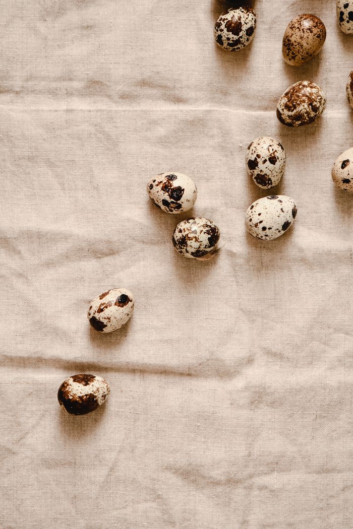 pexels photo 6584787 Speckled quail eggs scattered on a neutral fabric background, showcasing texture.
